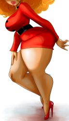 Rule 34 | 1girl, ass, belt, breasts, choker, curly hair, curvy, dark-skinned female, dark skin, high heels, highres, huge ass, large breasts, lipstick, lyn nyl, makeup, noblood (ryandomonica), office lady, orange hair, parted lips, pencil skirt, powerpuff girls, sara bellum, skirt, solo, thick thighs, thighs