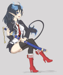 Rule 34 | 1girl, ao no exorcist, bad id, bad pixiv id, belt, black hair, blue eyes, boots, breasts, cleavage, full body, genderswap, genderswap (mtf), high heel boots, high heels, highres, long hair, md5 mismatch, medium breasts, necktie, okumura rin, open mouth, pointy ears, school uniform, sheath, short shorts, shorts, simple background, sitting, solo, striped necktie, striped neckwear, tail, thighhighs, weapon