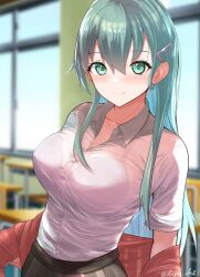 1girl aqua_eyes aqua_hair blurry blurry_background bra_visible_through_clothes breasts brown_jacket brown_skirt classroom closed_mouth clothes_down collared_shirt dangan_kurabu hair_between_eyes hair_ornament hairclip hashtag-only_commentary highres indoors jacket kantai_collection large_breasts long_hair long_sleeves looking_at_viewer pleated_skirt school_uniform shirt skirt smile solo suzuya_(kancolle) twitter_username