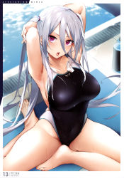 Rule 34 | :o, absurdres, armpits, arms behind head, arms up, artbook, artist name, breasts, copyright name, covered navel, danimaru, feet, from above, full body, grey hair, hair between eyes, highres, large breasts, long hair, looking at viewer, one-piece swimsuit, original, outdoors, page number, pink eyes, pool, poolside, scan, swimsuit, thighs, very long hair