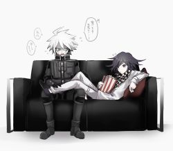 Rule 34 | 2boys, a tama (pakpak tkg), ahoge, armor, black gloves, checkered clothes, checkered neckwear, checkered scarf, commentary request, couch, danganronpa (series), danganronpa v3: killing harmony, flying sweatdrops, food, full body, gloves, grey eyes, grey hair, grey jacket, grey pants, highres, jacket, k1-b0, long sleeves, looking at another, lying, male focus, multiple boys, oma kokichi, on couch, pants, pillow, popcorn, power armor, purple hair, scarf, shaded face, shoes, simple background, sitting, speech bubble, straitjacket, translated