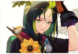Rule 34 | 1boy, animal, animal on shoulder, arm up, artist name, bird, bird on shoulder, black gloves, black hair, black shirt, blush, branch, brown eyes, brown gloves, commentary, drawstring, eyelashes, flower, forehead, genshin impact, gloves, green eyes, green hair, highres, holding, holding hair, hood, hood down, hoodie, jesse (pixiv34586727), leaf, letterboxed, looking at viewer, male focus, medal, multicolored clothes, multicolored eyes, multicolored hair, parted lips, shirt, short hair, sidelocks, signature, smile, solo, tighnari (genshin impact), turtleneck, two-tone gloves, two-tone hair, upper body, watermark, wet, white background, wrist cuffs, yellow flower