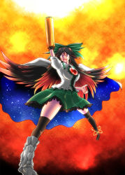 Rule 34 | 1girl, arm cannon, black hair, boots, bow, breasts, cape, female focus, gradient background, hair bow, kurenai yuuji, long hair, open mouth, red eyes, reiuji utsuho, skirt, solo, thighhighs, touhou, weapon, wings