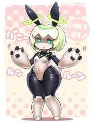 Rule 34 | 1girl, animal ears, blue eyes, bow, bowtie, breasts, detached collar, green hair, halo, leotard, multiple halos, navel, pink background, playboy bunny, puniru wa kawaii slime, rabbit ears, rabbit tail, robot, runruun (puniru wa kawaii slime), shigatake, short hair, small breasts, tail, thick thighs, thighs