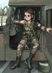 Rule 34 | 1girl, absurdres, american flag, army, assault rifle, brown hair, camouflage, cigarette, commentary, english commentary, freckles, gun, highres, load bearing vest, m16, m16a1, military, military police, military uniform, original, rifle, rifleman1130, short hair, sitting, smoking, soldier, solo, uniform, united states army, vehicle interior, weapon
