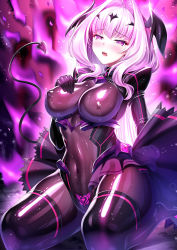 Rule 34 | 1girl, alternate eye color, bat wings, blush, body markings, bodysuit, corruption, covered erect nipples, covered navel, dark persona, demon girl, demon tail, head wings, iro ame (amewaagada), kouyoku senki exs-tia, latex, latex bodysuit, light particles, looking at viewer, lusterise, pink eyes, pink hair, pubic tattoo, shiny clothes, tail, tattoo, transformation, wings