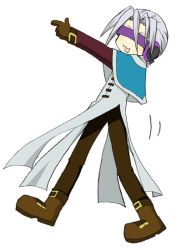 Rule 34 | 1boy, ankle boots, blindfold, boots, brown footwear, brown gloves, code geass, full body, gloves, headphones, lucky star, male focus, mao (code geass), motion lines, parody, pointing, silver hair, simple background, solo, walking, white background
