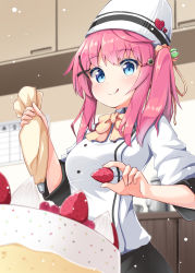 Rule 34 | 1girl, :q, blue eyes, bow, cake, chef hat, chef, decorating, food, fruit, hair ornament, hairclip, hat, highres, kitchen, licking lips, moe2016, ominaeshi (takenoko), original, pink hair, shirt, skirt, smile, solo, strawberry, tongue, tongue out, twintails