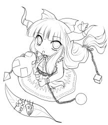 Rule 34 | 1girl, absurdres, bow, chain, female focus, food, greyscale, hair bow, highres, horns, ibuki suika, lineart, long hair, looking at viewer, monochrome, open mouth, sitting, skewer, solo, touhou, transparent background, yume shokunin