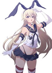 Rule 34 | 1girl, absurdres, anchor hair ornament, black hairband, black neckerchief, black panties, blonde hair, blue sailor collar, blue skirt, chestnut mouth, commission, cowboy shot, crop top, elbow gloves, gloves, grey eyes, hair ornament, hairband, highleg, highleg panties, highres, kantai collection, long hair, microskirt, miniskirt, neckerchief, nishizuki shino, panties, pleated skirt, sailor collar, salute, shimakaze (kancolle), simple background, skirt, solo, striped clothes, striped thighhighs, thighhighs, underwear, white background, white gloves