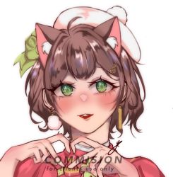 Rule 34 | 1girl, animal ear fluff, animal ears, beret, blouse, blush, bow, brown hair, cat ears, commentary, commission, earrings, english commentary, english text, green bow, green eyes, hair behind ear, hair bow, hat, heart, heart hands, highres, jewelry, kemonomimi mode, looking up, miori celesta, parted lips, portrait, red shirt, shirt, solo, tsunderia, virtual youtuber, white hat, yomiha