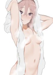 Rule 34 | 1girl, arms up, azuse neko, blush, breasts, censored, convenient censoring, drying, drying hair, hair between eyes, inui sajuna, long bangs, long hair, looking at viewer, nipples, out-of-frame censoring, parted lips, pink eyes, pink hair, simple background, small breasts, solo, sono bisque doll wa koi wo suru, steam, steam censor, towel, towel on head, white background