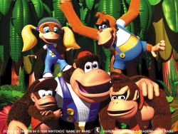 Rule 34 | 1girl, 4boys, ape, aqua eyes, beanie, black eyes, blonde hair, blue eyes, brown eyes, buttons, chunky kong, clothes, diddy kong, donkey kong, donkey kong (series), donkey kong 64, floral print, hat, jungle, lanky kong, monkey, multiple boys, nature, necktie, nintendo, no humans, overalls, plant, rareware, red nose, short twintails, suspenders, tiny kong, tree, twintails