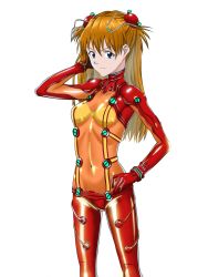 Rule 34 | 1girl, artist request, blue eyes, bodysuit, breasts, evangelion: 2.0 you can (not) advance, hair ornament, hairpods, highres, interface headset, long hair, looking at viewer, medium breasts, neon genesis evangelion, orange hair, plugsuit, rebuild of evangelion, red bodysuit, shiny clothes, simple background, skin tight, solo, souryuu asuka langley, standing, test plugsuit