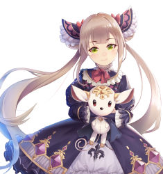 Rule 34 | 1girl, blush, brown hair, green eyes, highres, hugging doll, hugging object, long hair, looking at viewer, luna (shadowverse), princess connect!, shadowverse, shimon (31426784), simple background, smile, toy, twintails, very long hair, white background