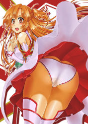 Rule 34 | 10s, 1girl, armor, ass, asuna (sao), azarashing day, bare shoulders, blush, breastplate, brown eyes, brown hair, cameltoe, clothes lift, detached sleeves, embarrassed, from below, half updo, leaning, leaning forward, long hair, looking at viewer, looking back, open mouth, panties, rapier, shiny skin, skirt, skirt lift, solo, surprised, sweatdrop, sword, sword art online, underwear, upskirt, weapon, white panties