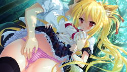 Rule 34 | 1girl, animal ears, blonde hair, clothes lift, fingering, forest, fox ears, game cg, grabbing, grabbing another&#039;s breast, karin amagi, long hair, magical marriage lunatics!!, moonstone, nature, open mouth, panties, red eyes, skirt, skirt lift, striped clothes, striped panties, thighhighs, tree, underwear, upskirt, yamakaze ran