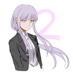 Rule 34 | 1girl, black jacket, closed mouth, collared shirt, commentary request, cropped torso, danganronpa (series), danganronpa 3 (anime), floating hair, formal, jacket, kirigiri kyoko, long hair, long sleeves, looking at viewer, meipoi, official alternate hairstyle, open clothes, ponytail, purple eyes, purple hair, shirt, smile, solo, upper body, white background, white shirt