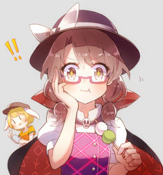 Rule 34 | !, !!, + +, 2girls, 60mai, :3, :d, :t, animal ears, black cape, black hat, blonde hair, blush, bow, brown eyes, brown hair, brown hat, cape, cellphone, commentary, crop top, dango, flat cap, food, glasses, grey background, hand on own cheek, hand on own face, hand up, hat, hat bow, high collar, holding, holding food, holding phone, looking at viewer, low twintails, midriff, multiple girls, navel, open mouth, orange shirt, phone, puffy short sleeves, puffy sleeves, purple vest, rabbit ears, red-framed eyewear, ringo (touhou), sanshoku dango, shirt, short hair, short sleeves, simple background, skull, smartphone, smile, stomach, touhou, twintails, upper body, usami sumireko, v, vest, violet detector, wagashi, white bow, white shirt, | |