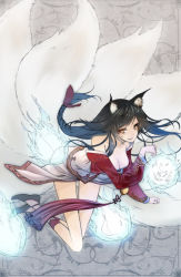 Rule 34 | 1girl, ahri (league of legends), animal ears, bare shoulders, black hair, blue hair, braid, breasts, brown eyes, cleavage, detached sleeves, energy ball, facial mark, fox ears, fox tail, hair ribbon, league of legends, leaning, long hair, looking at viewer, mins (minevi), multicolored hair, multiple tails, ribbon, smile, solo, tail, two-tone hair, whisker markings