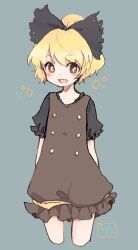 Rule 34 | 1girl, adapted costume, black bow, black shirt, blonde hair, blush, bow, brown dress, commentary request, cowboy shot, cropped legs, dated, dress, fang, hair bow, kurodani yamame, m (m073111), one-hour drawing challenge, open mouth, shirt, short hair, short sleeves, simple background, smile, solo, touhou
