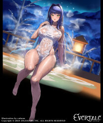 Rule 34 | 1girl, arm support, artist name, bare shoulders, barefoot, blue hair, breasts, collarbone, commentary request, company connection, company name, copyright name, cuboon, evertale, fingernails, full body, green eyes, highres, holding, large breasts, logo, long hair, looking at viewer, ludmilla (evertale), naked towel, night, night sky, official art, open mouth, outdoors, shiny skin, sitting, sky, snow, solo, steam, thighs, toes, towel, water, water drop, wet, wet towel