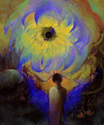 Rule 34 | 1boy, abstract, black hair, cocontma, colorful, disembodied eye, flower, highres, looking at viewer, original, shirt, short hair, solo, surreal, upper body, white shirt, wide shot