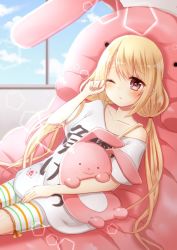 Rule 34 | 1girl, ;t, bike shorts, blonde hair, blue sky, blush, breasts, brown eyes, clothes writing, cloud, collarbone, commentary request, day, futaba anzu, hair tie, highres, holding, holding stuffed toy, idolmaster, idolmaster cinderella girls, indoors, lens flare, long hair, looking at viewer, low twintails, off shoulder, oversized clothes, shirt, short sleeves, sidelocks, sitting, sky, sleepy, small breasts, solo, striped bike shorts, striped clothes, stuffed animal, stuffed rabbit, stuffed toy, sunao, t-shirt, twintails, very long hair, you work you lose