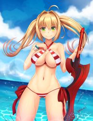 Rule 34 | 10s, 1girl, absurdres, bikini, blonde hair, bracelet, breasts, cameltoe, cleavage, fate/extra, fate/grand order, fate (series), gluteal fold, green eyes, hair intakes, halterneck, highres, jewelry, large breasts, navel, nero claudius (fate), nero claudius (fate) (all), nero claudius (swimsuit caster) (fate), ocean, smile, solo, stomach, swimsuit, sword, thigh gap, twintails, water, weapon, wet, yanows