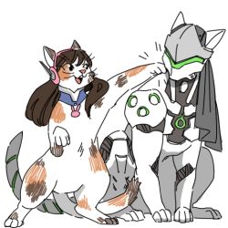 Rule 34 | 1boy, 1girl, animal, animal ears, animal focus, animalization, blizzard (company), body fur, brown hair, calico, cat, cat ears, cat tail, clothed animal, collar, cyborg, d.va (overwatch), detached collar, flat color, full body, genji (overwatch), headband, headphones, headset, helmet, in the face, lillu, long hair, looking to the side, lowres, mask, no humans, overwatch, overwatch 1, simple background, sitting, slit pupils, standing, tabby cat, tail, veil, visor, whiskers, white background