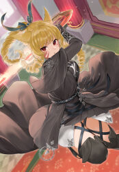 Rule 34 | 1girl, animal ears, black capelet, black dress, black footwear, black gloves, blonde hair, blue bow, blue ribbon, boots, bow, bracer, braid, braided ponytail, breasts, capelet, carpet, cat ears, cat girl, commission, curtains, dress, drill hair, facial mark, final fantasy, final fantasy xiv, foot out of frame, gloves, glowing, glowing weapon, gunblade, gunbreaker (final fantasy), hair bow, hair ribbon, haru (nakajou-28), highres, holding, holding sword, holding weapon, long sleeves, miqo&#039;te, pillar, red eyes, ribbon, serious, skeb commission, solo, sword, thigh boots, warrior of light (ff14), weapon, window