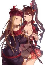 Rule 34 | 10s, 2girls, bare shoulders, blonde hair, grabbing another&#039;s breast, brown eyes, brown hair, clothes pull, collarbone, diantha (granblue fantasy), diola (granblue fantasy), fur hat, grabbing, granblue fantasy, groping, hanarito, hat, jacket, multiple girls, open clothes, open jacket, shirt pull, side ponytail, simple background, ushanka, white background, yellow eyes, yuri