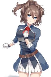 Rule 34 | 1girl, ascot, belt, belt buckle, blue eyes, blush, brown belt, brown hair, buckle, buttons, cowboy shot, flower, gloves, hair between eyes, highres, kantai collection, long sleeves, medium hair, messy hair, military, military uniform, monoku, parted lips, pleated skirt, ponytail, red ascot, red flower, red rose, rose, sheffield (kancolle), simple background, skirt, solo, uniform, white background, white gloves, white skirt