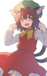 Rule 34 | 1girl, animal ears, bad id, bad twitter id, blurry, bow, bowtie, brown eyes, brown hair, cat ears, cat tail, chen, earrings, fang, g.t, hat, highres, jewelry, long sleeves, looking at viewer, mob cap, multiple tails, open mouth, shirt, short hair, simple background, single earring, skirt, skirt set, smile, solo, tail, touhou, vest, white background