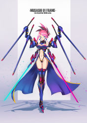 Rule 34 | 1girl, absurdres, armored boots, asymmetrical gloves, bare shoulders, black leotard, blue eyes, blue gloves, boots, breasts, center opening, character name, cleavage, commentary request, copyright name, crossed legs, detached sleeves, dual wielding, earrings, energy sword, facial mark, fate/grand order, fate (series), gloves, glowing, glowing sword, glowing weapon, gluteal fold, grey background, groin, hair ornament, highres, holding, holding sword, holding weapon, jewelry, large breasts, leotard, long sleeves, mecha musume, mismatched gloves, miyamoto musashi (fate), navel, pink hair, ponytail, purple footwear, purple gloves, purple thighhighs, sawawse, sidelocks, solo, standing, swept bangs, sword, thigh boots, thighhighs, two-tone background, watson cross, weapon, white background