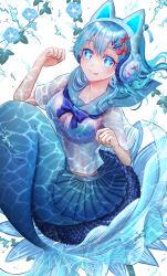 Rule 34 | 1girl, :p, absurdres, animal ear headphones, animal ears, aokocha, bikini, blue bikini, blue bow, blue eyes, blue hair, blue skirt, bow, cat ear headphones, closed mouth, commentary request, fake animal ears, headphones, highres, looking at viewer, mermaid, monster girl, original, paw pose, school uniform, see-through, see-through shirt, serafuku, shirt, short sleeves, skirt, solo, swimsuit, tongue, tongue out, wet, wet clothes, wet shirt