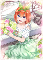 Rule 34 | 1girl, blue eyes, bouquet, breasts, brown ribbon, collarbone, commentary, cross-laced clothes, cross-laced dress, dress, eyebrows hidden by hair, eyelashes, flower, framed, frilled dress, frilled sleeves, frills, garden, go-toubun no hanayome, green dress, green flower, green hairband, green ribbon, green rose, hair between eyes, hairband, highres, holding, holding bouquet, large breasts, leaf, light particles, long dress, looking at viewer, medium hair, nakano yotsuba, open mouth, orange hair, pillow, pink flower, pink rose, puffy short sleeves, puffy sleeves, ribbon, rose, short sleeves, smile, solo, studio viga, teeth, upper teeth only