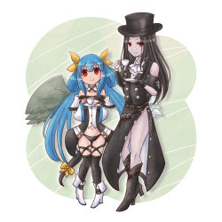 Rule 34 | 1girl, 1other, asymmetrical wings, bare shoulders, black hair, blue hair, boots, cup, dizzy (guilty gear), guilty gear, guilty gear strive, guilty gear xrd, happy, hat, highres, holding, holding cup, long hair, red eyes, ribbon, sangorou, tail, tail ornament, tail ribbon, tea, teacup, testament (guilty gear), top hat, twintails, very long hair, wings