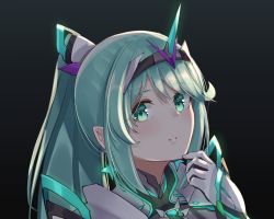 Rule 34 | 1girl, black background, chest jewel, earrings, finger to own chin, gloves, green eyes, green hair, jewelry, light blush, long hair, looking at viewer, pneuma (xenoblade), ponytail, portrait, sarasadou dan, smile, solo, spoilers, swept bangs, tiara, white gloves, xenoblade chronicles (series), xenoblade chronicles 2