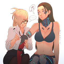 Rule 34 | ..., 1girl, 2girls, android, black bra, black panties, blonde hair, blue eyes, bra, breasts, brown hair, cleavage, cyberpunk, detached arm, dress shirt, earrings, hair over one eye, jewelry, joints, koyorin, large breasts, long hair, mechanical parts, mouth hold, multicolored eyes, multiple girls, musical note, navel, necktie, original, panties, pantyhose, pencil skirt, robot, robot joints, screwdriver, shirt, signature, sitting, skirt, speech bubble, spoken ellipsis, spoken musical note, stud earrings, underwear, white background
