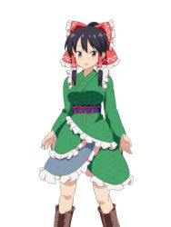 Rule 34 | 1girl, :d, black hair, blue sash, blush, boots, bow, breasts, brown eyes, brown footwear, cato (monocatienus), commentary request, cosplay, cross-laced footwear, feet out of frame, frilled bow, frilled kimono, frills, green kimono, hair bow, hair tubes, hakurei reimu, japanese clothes, kimono, lace-up boots, long sleeves, looking at viewer, medium breasts, obi, open mouth, red bow, sash, short hair, sidelocks, simple background, smile, solo, standing, touhou, wakasagihime, wakasagihime (cosplay), white background