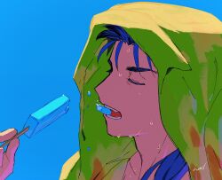 Rule 34 | 1boy, biting, blue background, blue hair, closed eyes, colored eyelashes, cu chulainn (fate), fate/grand order, fate (series), food, from side, hal (haaaalhal), highres, holding, holding food, holding popsicle, hood, hood up, long hair, male focus, open mouth, popsicle, signature, simple background, solo, sweat, teeth