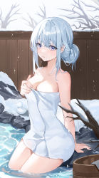 Rule 34 | 1girl, absurdres, arm support, bare tree, branch, breasts, bucket, choc, cleavage, day, fence, grey eyes, grey hair, hair bun, hand on own chest, hand up, highres, long hair, looking at viewer, medium breasts, onsen, original, outdoors, rock, sidelocks, single hair bun, sitting, snow, soaking feet, solo, thighs, towel, tree, water, white towel, winter, wooden bucket, wooden fence