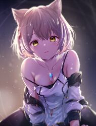 Rule 34 | 1girl, animal ear fluff, animal ears, breasts, camisole, cat ears, chest jewel, grey hair, highres, jacket, looking at viewer, mio (xenoblade), pantyhose, pov, short hair, skirt, small breasts, smile, solo, tank top, ui frara, white camisole, white jacket, white skirt, xenoblade chronicles (series), xenoblade chronicles 3, yellow eyes