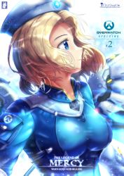 Rule 34 | 1girl, alternate hairstyle, artist name, beret, blonde hair, blue bodysuit, blue eyes, blue wings, bodysuit, breasts, character name, chinchongcha, combat medic ziegler, english text, engrish text, hat, highres, long sleeves, looking to the side, mechanical wings, medium breasts, mercy (overwatch), nintendo, official alternate costume, overwatch, overwatch 1, parody, pocket, profile, ranguage, short hair, signature, smile, solo, spread wings, the legend of zelda, title parody, upper body, watermark, web address, white hat, wings