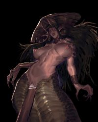 Rule 34 | 1girl, absurdres, black hair, breasts, highres, lagon, lamia, milk, monster girl, nude, pointy ears, sex, snake girl, snake tail, solo, tail, yellow eyes