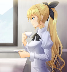 Rule 34 | 1girl, black bow, blonde hair, blue eyes, bow, breasts, chair, closed mouth, collared shirt, commentary, cup, folding chair, hair bow, holding, holding cup, holding plate, indoors, juliet sleeves, katawa shoujo, kuroyume suna, long hair, long sleeves, medium breasts, neckerchief, plate, ponytail, profile, puffy sleeves, satou lilly, shadow, shirt, sidelocks, sitting, solo, table, very long hair, white shirt, window