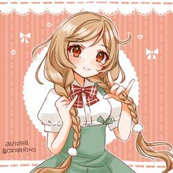 Rule 34 | 1girl, bow, bowtie, braid, cloud hair ornament, cocoperino, gradient hair, grey skirt, holding, holding own hair, kantai collection, light brown hair, long hair, looking at viewer, low twin braids, minegumo (kancolle), multicolored hair, one-hour drawing challenge, pink background, plaid, plaid bow, plaid bowtie, plaid neckwear, red bow, red bowtie, red eyes, shirt, skirt, solo, striped, striped background, suspender skirt, suspenders, twin braids, white shirt