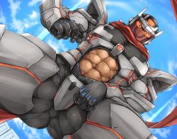 Rule 34 | 1boy, abs cutout, algernon (housamo), bara, bk mita, black bodysuit, bodysuit, colored sclera, crotch, crotch plate, feet out of frame, from below, gluteal fold, helmet, highres, looking at viewer, male focus, muscular, muscular male, red eyes, red scarf, scarf, solo, thick thighs, thighs, tokyo houkago summoners, yellow sclera