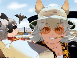 Rule 34 | 2girls, animal costume, animal ear fluff, animal ears, bird girl, car, christma exec, cigarette, coyopotato, coyote (kemono friends), driving, fear and loathing in las vegas, greater roadrunner (kemono friends), hat, highres, kemono friends, kemono friends v project, looking at viewer, motor vehicle, multiple girls, shirt, smile, sunglasses, virtual youtuber, wings, wolf ears